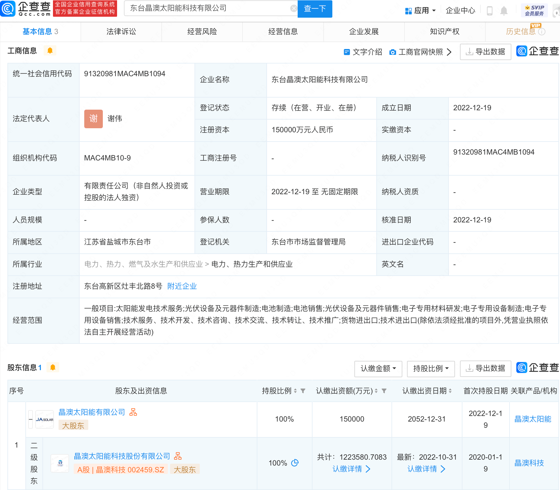 晶澳科技于江苏盐城设新公司，注册资本15亿
