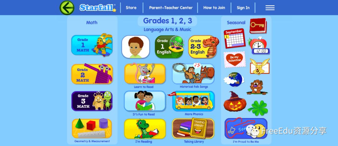 Starfall—美国幼儿园至小学三年级英语和数学在线学习资源