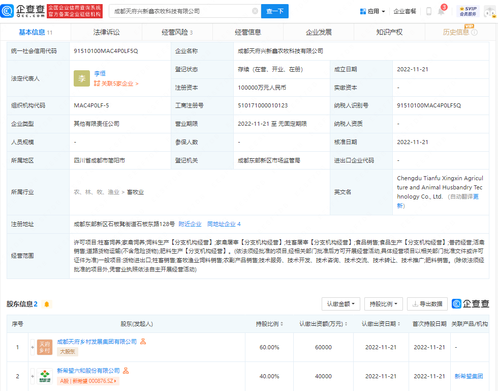 新希望于成都投资新公司，注册资本10亿元