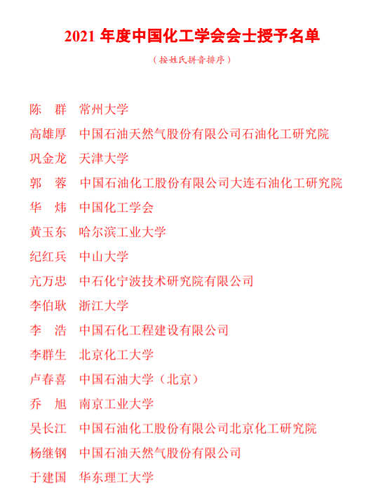重磅！2021年中国化工学会会士、侯德榜科技奖、学会科技奖获奖全名单出炉！
