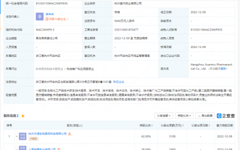 宣泰医药于杭州投资成立新公司，注册资本5000万