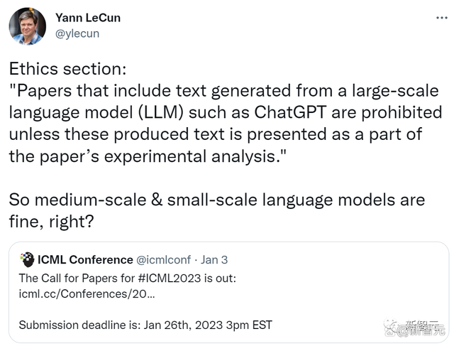 ICML征稿禁使用大型语言模型，LeCun转发：中小型模型可以用吗？